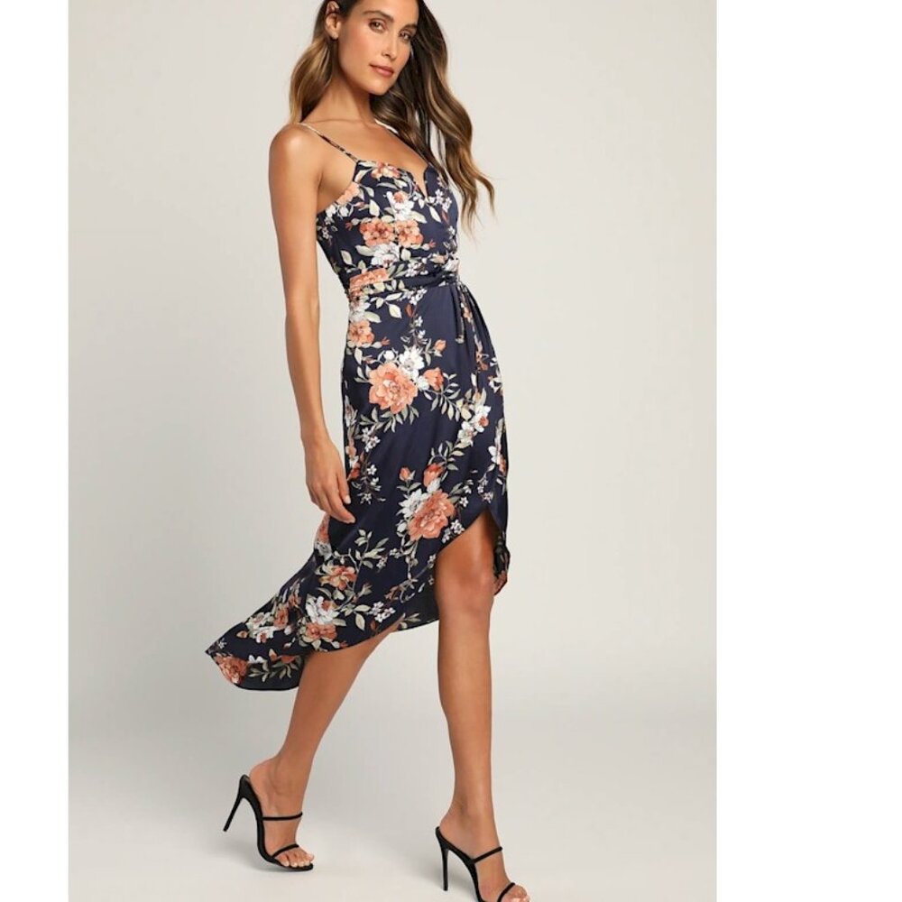 Lulus My Favorite Day Navy Blue Floral Print Tulip Skirt Midi Dress Small NWT - Picture 4 of 7